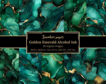 Golden Emerald Alcohol Ink Digital Paper Bundle - 20 Abstract Seamless Green Gold Backgrounds, Luxury Branding, Scrapbooking, Card Making