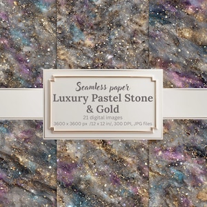 Luxury Pastel Stone and Gold Digital Paper Pack, Seamless Abstract Marble Backgrounds, Cosmic Textures, Printable Scrapbook Papers, Metallic