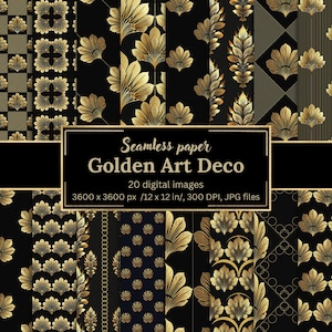 Golden Art Deco Digital Paper Pack, 20 Seamless Patterns, Fan-Like Petals, Floral Motifs, Gold Black Designs, Invitations, Scrapbooking, JPG