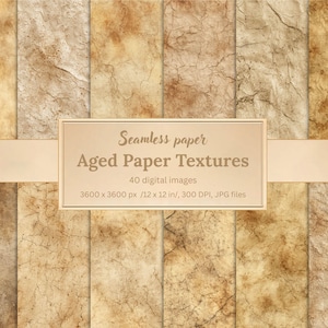May include: A collection of seamless aged paper textures in various shades of brown and beige. The image includes a banner with the text "Seamless paper Aged Paper Textures" and details about the digital images, including the size of 12 x 12 inches.