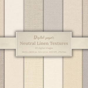 Puede incluir: Papel digital con una colección de texturas de lino neutras en varios tonos de beige, crema y gris. La imagen incluye 20 imágenes digitales, cada una de 30.48 x 30.48 cm, con una resolución de 300 DPI, en formato JPG.