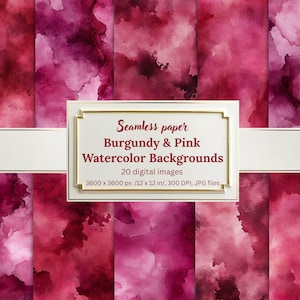 Burgundy and Pink Watercolor Digital Papers, 20 Seamless Backgrounds, Watercolor Textures, Scrapbooking, Wedding, Branding, Junk Journals