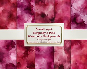 Burgundy and Pink Watercolor Digital Papers, 20 Seamless Backgrounds, Watercolor Textures, Scrapbooking, Wedding, Branding, Junk Journals