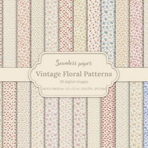 Puede incluir: Una colección de 28 patrones de papel digital sin costuras con varios diseños florales pequeños en tonos rojos, azules, amarillos y rosas sobre fondos claros. Una etiqueta central muestra el texto Seamless paper Vintage Floral Patterns 28 digital images 3600 x 3600 px / 12 x 12 in, 300 DPI, JPG files.