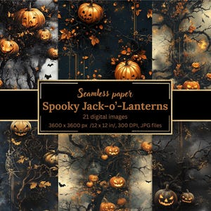 Spooky Jack-o’-Lanterns Digital Paper Bundle, Seamless Halloween Backgrounds, Pumpkins, Bats, Spiderwebs, Printable Scrapbook Papers, Crafts