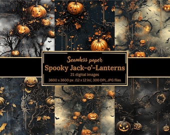 Spooky Jack-o’-Lanterns Digital Paper Bundle, Seamless Halloween Backgrounds, Pumpkins, Bats, Spiderwebs, Printable Scrapbook Papers, Crafts