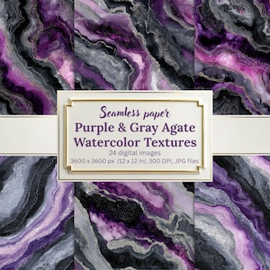 May include: Seamless paper with purple and grey agate watercolour textures. The design features swirling patterns in shades of purple, grey, black, and silver. The image includes the text "Purple & Gray Agate Watercolor Textures". Each image is 30.48 x 30.48 cm.