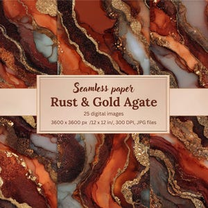 May include: Seamless digital paper featuring a rust and gold agate design. The image includes 25 digital images, each 12 x 12 inches, with a resolution of 300 DPI. The design showcases a blend of rust, gold, and white colors.