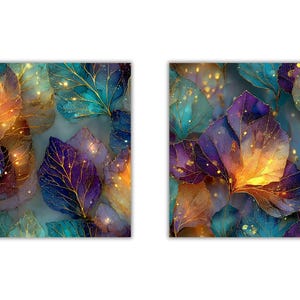 May include: Two square art prints featuring a close-up of stylized leaves. The leaves are a mix of teal, purple, and gold, with gold veins and sparkling accents. The overall effect is ethereal and decorative.