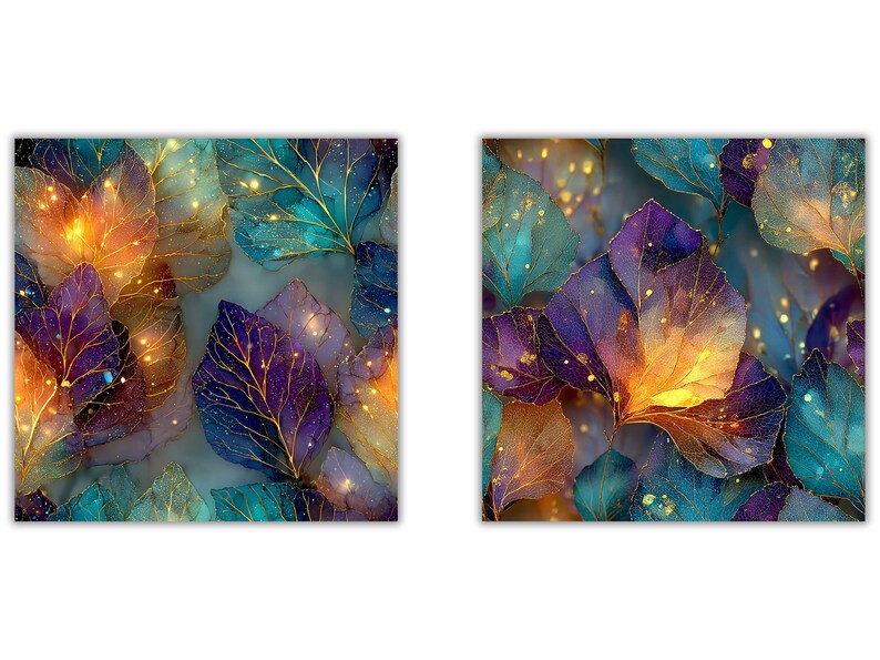 May include: Two square art prints featuring a close-up of stylized leaves. The leaves are a mix of teal, purple, and gold, with gold veins and sparkling accents. The overall effect is ethereal and decorative.