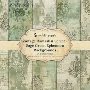 Vintage Damask Script Digital Papers, Sage Green Ephemera Backgrounds, Seamless Distressed Textures, Shabby Chic, Scrapbooking, Journaling