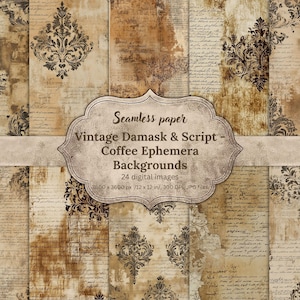 Vintage Damask Script Digital Paper Bundle, Coffee Ephemera Backgrounds, Seamless Distressed Textures, Shabby Chic, Scrapbooking, Journaling