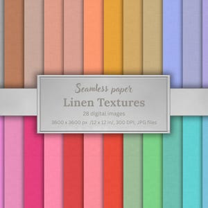 Pode incluir: Uma imagem digital que mostra uma coleção de 28 texturas de linho sem costura em várias cores. As texturas são dispostas em faixas verticais, com uma gama de tons do neutro ao vibrante. A imagem inclui o texto "Seamless paper Linen Textures 28 digital images 3600 x 3600 px /12 x 12 in/, 300 DPI, JPG files."