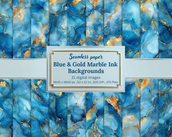 May include: A collection of seamless digital paper backgrounds featuring a blue and gold marble ink design. The image includes a white framed sign with the text "Seamless paper Blue & Gold Marble Ink Backgrounds". The images are 3600 x 3600 px / 12 x 12 in.