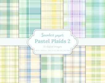 Pastel Plaid Digital Paper, 31 Seamless Patterns, Spring & Summer Gingham Backgrounds, Tartan Textures,  Easter Crafts, Scrapbooking, Design