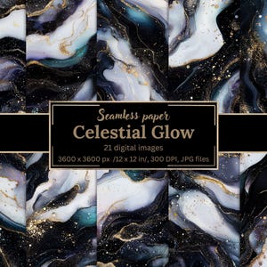 Puede incluir: Colección de diseños de papel digital sin costuras con temática celestial. Los diseños presentan patrones arremolinados en tonos negro, blanco, verde azulado y dorado. La imagen incluye el texto "Seamless paper Celestial Glow" y detalles sobre el tamaño y la resolución de la imagen, 30.48 x 30.48 cm.