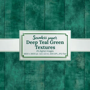 Könnte beinhalten: Nahtlose Papiertexturen in tiefem Teal-Grün. Das Bild zeigt einen strukturierten Hintergrund mit vertikalen Holzmaserungsmustern. Ein weißes Banner mit Text lautet "Seamless paper Deep Teal Green Textures". Die Bildabmessungen sind 3600 x 3600 px / 30.48 x 30.48 cm.