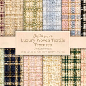 May include: A collection of 20 digital paper files featuring woven textile textures in various plaid patterns and colors, including maroon, beige, green, blue, pink, and black. The central text reads: Digital paper Luxury Woven Textile Textures.