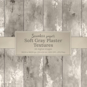 May include: Digital seamless paper featuring a soft gray plaster texture. The image shows a weathered, distressed look with vertical panels. The text on the image reads "Seamless paper Soft Gray Plaster Textures" with details about the image size and resolution.
