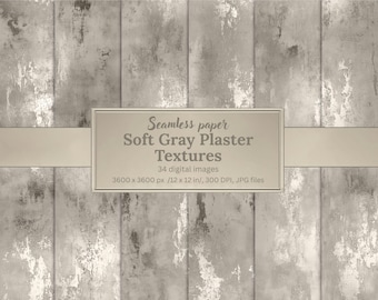 May include: Digital seamless paper featuring a soft gray plaster texture. The image shows a weathered, distressed look with vertical panels. The text on the image reads "Seamless paper Soft Gray Plaster Textures" with details about the image size and resolution.