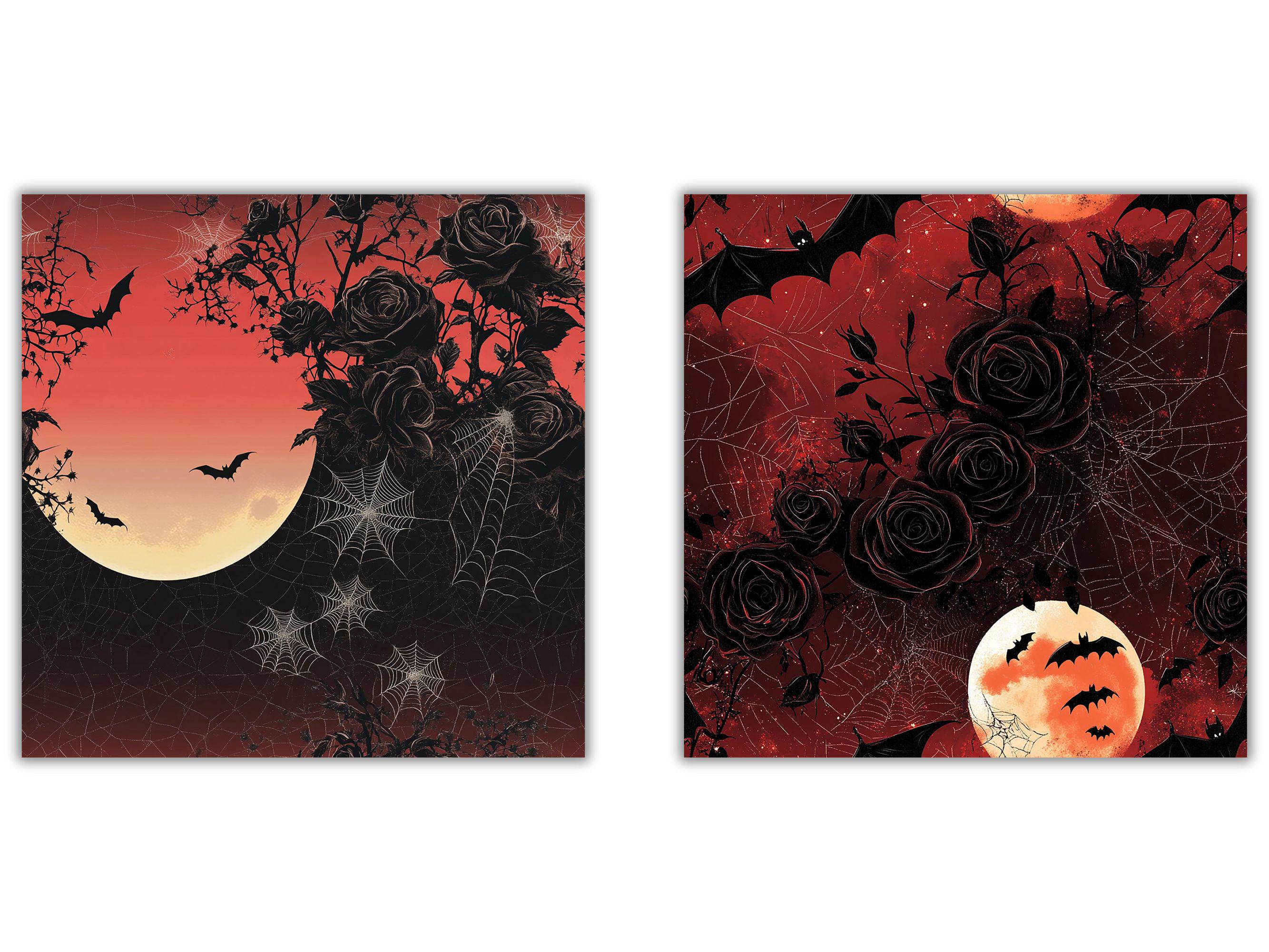 Moonlit Roses and Vampire Bats Halloween Digital Papers, Red Black ...