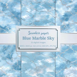 Blue Marble Sky Digital Paper Pack, Seamless Backgrounds with Silver Veins, Cloud Stone Textures,  Printable Scrapbook Papers, Invitations