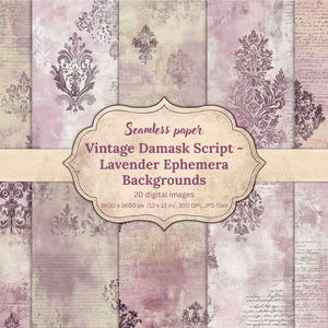 Vintage Damask Script Digital Paper Pack, Lavender Ephemera Backgrounds, Seamless Distressed Textures, Shabby Chic, Scrapbooking, Journaling