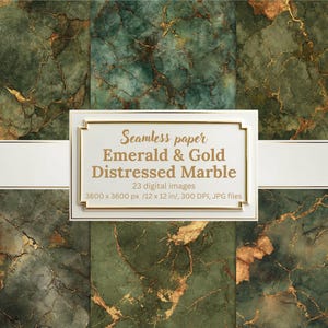 Könnte beinhalten: Digitales nahtloses Papier-Set mit smaragdgrünen und goldfarbenen, verwitterten Marmorstrukturen. Das Bild enthält ein weiß gerahmtes Schild mit dem Text "Seamless paper Emerald & Gold Distressed Marble" und Details zu den digitalen Bildern, 30.48 x 30.48 cm.