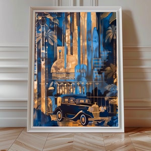 1920s Art Deco Car Print, Blue and Gold Cityscape (Digital Download)