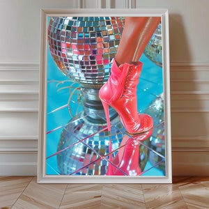 Retro Doll High Heel Poster, Disco Ball Print | Preppy Pink Print, Y2K Aesthetic, Girly Art, Bar Cart Art.