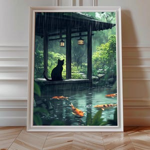 Gato negro bajo la lluvia, arte lofi, impresión de gato sereno / arte digital imprimible, jardín zen, impresión de bosque oscuro / decoración del hogar inspirada en Ghibli