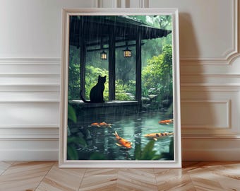 Black Cat Rain Print, Ghibli Inspired Lofi Art (Digital Download)