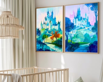 水彩画のお城のプリントセット｜ピンク＆ブルーの子供部屋デコレーション（デジタルダウンロード）