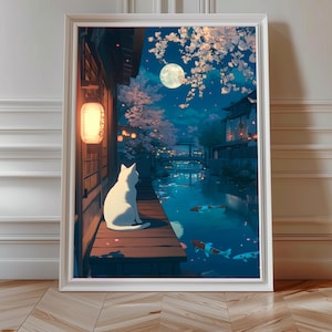 Gato junto al río de los cerezos en flor, arte lofi, impresión de gato sereno / arte digital imprimible, papel tapiz lofi / decoración del hogar inspirada en Ghibli