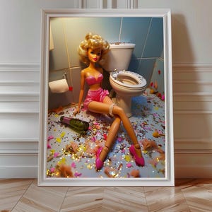 Sztuka Lalki Vintage Party Girl, Zabawny Wydruk Łazienkowy | Modna Sztuka Ścienna, Wystrój Pokoju Y2K, Estetyczne Mieszkanie, Dekoracja Domu