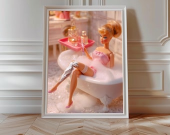Fashion Doll in Bathtub, Cute Bathroom Wall Art | Funny Bathroom Print, Girly Wall Art, Y2K Aesthetic | Tub Club, Maximalist Bathroom Poster