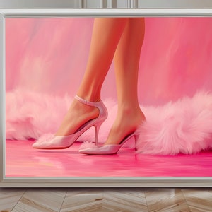 Póster de tacones altos rosas para pared, póster de tacones altos, decoración de dormitorio femenino, arte de pared de muñeca linda, descarga digital
