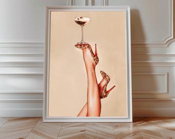 Tacones de leopardo retro y martini, arte de cóctel glamuroso, arte mural femenino, decoración estética para dormitorios, decoración del hogar