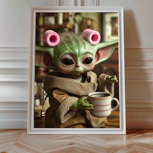 Miłośnik kawy Mandalorian Print | Zabawna sztuka kuchenna, modny plakat retro Mandalorian, Baby Yoda | Art Bar Cart Print, estetyczny wystrój kuchni