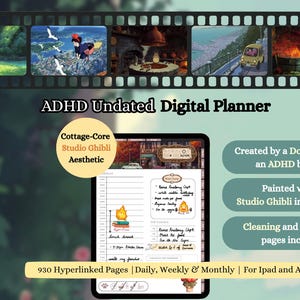 Könnte beinhalten: Digitaler Planer im Studio Ghibli-Stil. Der Planer enthält tägliche, wöchentliche und monatliche Seiten und ist für die Verwendung auf einem iPad oder Android-Gerät konzipiert. Er wurde von einem Arzt mit ADHS-Gehirn erstellt.