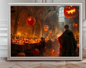 Wizards and Witches School | Halloween Vintage Oil Painting, Halloween Wall Decor, Digital Download, Homedecoration