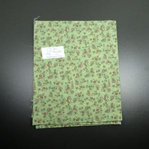 Puede incluir: Tela verde con un pequeño estampado floral en tonos rojos, marrones y verdes. La tela tiene una etiqueta que dice "BW 92-410 44" pulgadas de ancho x 44" pulgadas de largo."