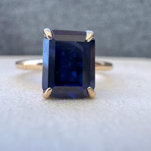 3ct emerald cut blue sapphire solid 14k yellow gold ring size 7