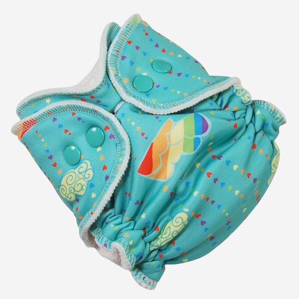 Ready to Ship Big Newborn Cloth Diaper - 8-18 lbs - It's Raining Love - WindPro AI2- NB AI2 - New Baby Gift - Clouds Rainbows Hearts on Mint