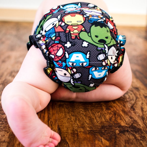 Custom Cloth Diaper or Cover - Combo Print Black and White Stripes and Superheroes (Woven) - Kawaii - Made to Order Nappy or Wrap -Free Ship