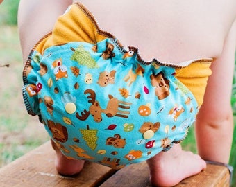 Custom Cloth Diaper or Cover Made to Order - Forest Friends (Woven) with Goldenrod Cotton/Lycra Jersey Wings - Nappy or Wrap