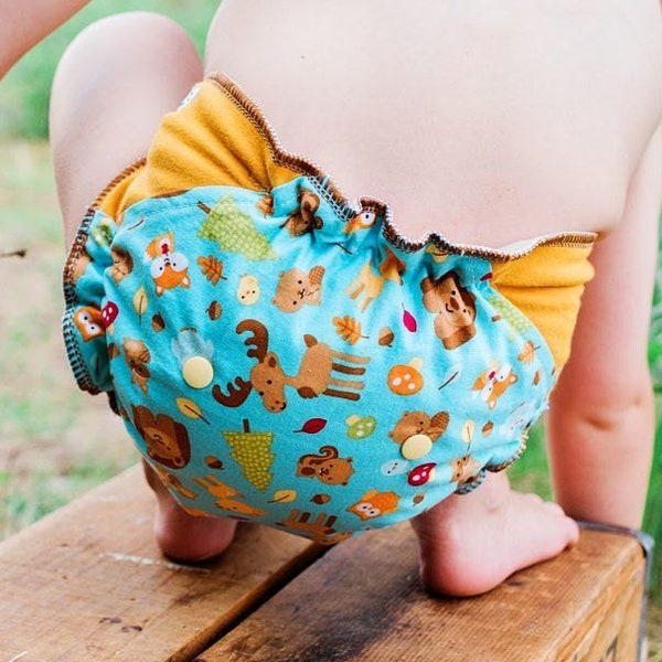 Custom Cloth Diaper or Cover Made to Order - Forest Friends (Woven) with Goldenrod Cotton/Lycra Jersey Wings - Nappy or Wrap