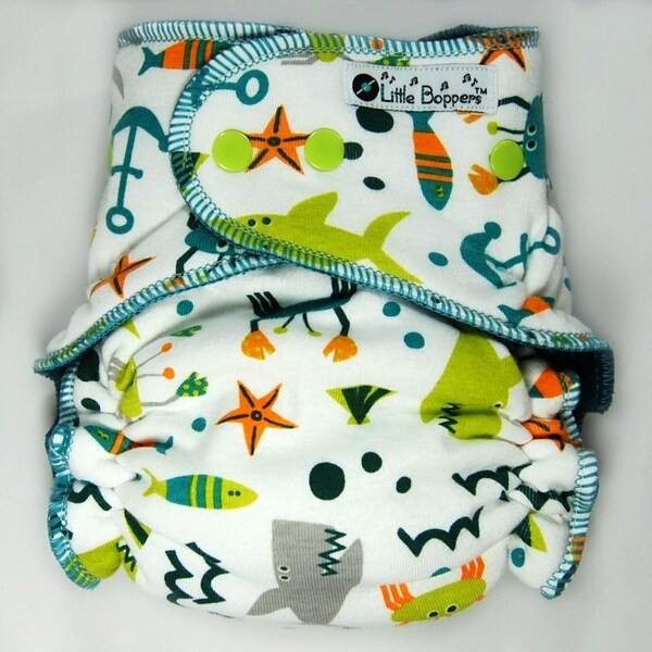 Made to Order AI2 Cloth Diaper - Custom All in Two Cloth Nappy - Lime and Teal Sea Life  - You Pick Size and Style - Ocean Baby Diaper