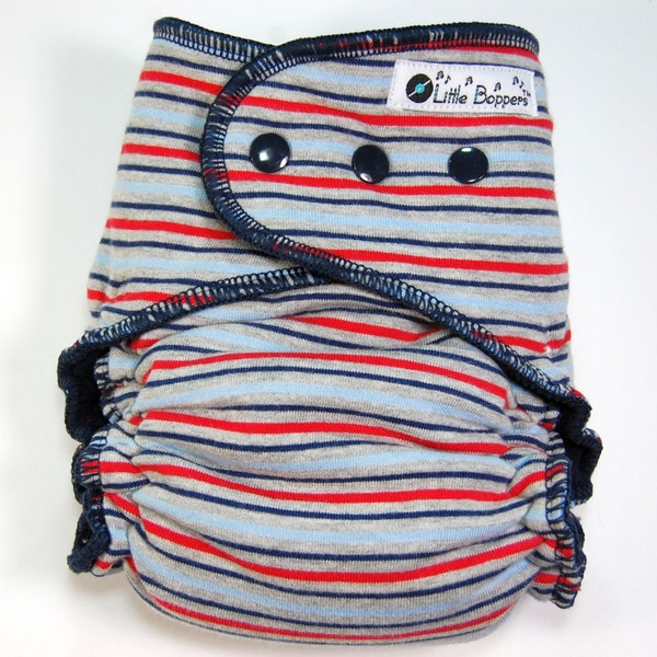 Custom Cloth Diaper or Cover - Gray, Blue, Red, Grey and Navy Stripes - You Pick Size and Style - Made to Order Nappy or Wrap - Gray Striped