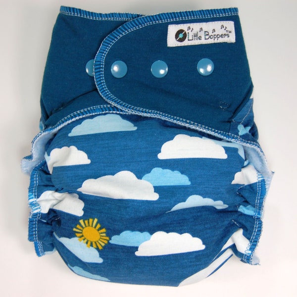 Custom Cloth Diaper or Cover - Partly Cloudy (Woven) with Dark Teal Stretchy Wings - Made to Order Nappy or Wrap - You Pick Size and Style